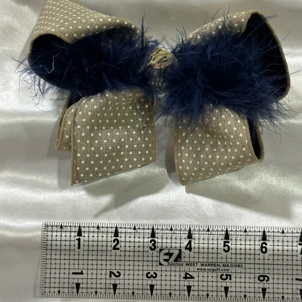 Polka Dot Bow Hair Clip with Navy Feather Trim